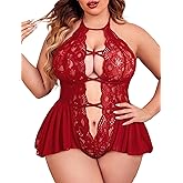 Avidlove Womens Plus Size Lingerie Lace Bodysuit Teddy Deep V One Piece Lace Babydoll