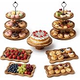 Dbupx 7-Piece Acacia Wood Dessert Table Display Set with 4 Wavy Trays | Rustic Style: 2 Three-Tier Cupcake Stands and 12-Inch Cake Stand for Weddings, Birthdays, Baby Showers &amp; Parties