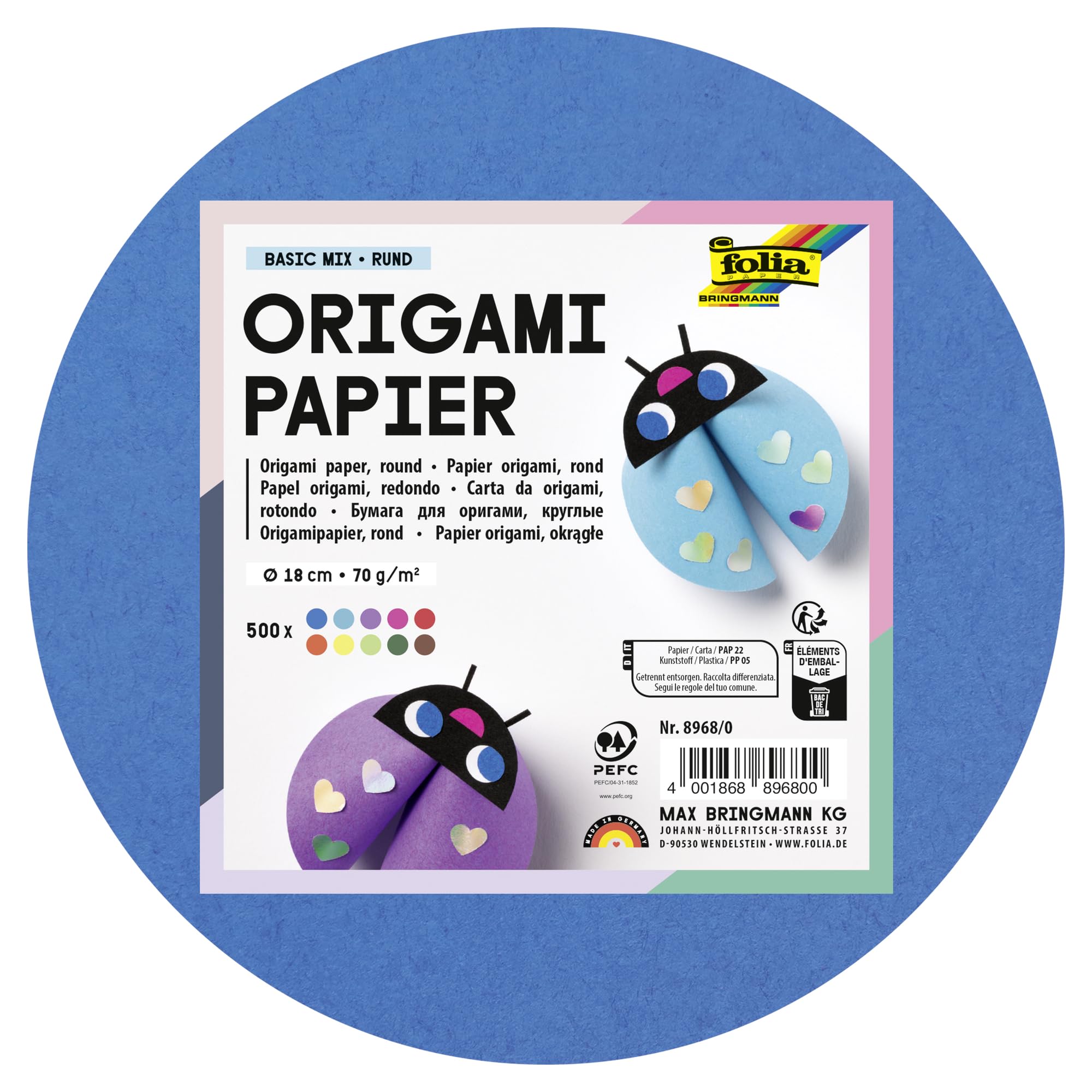folia 8968/0 – Folding Sheets Round, Diameter 18 cm, 70 g/m², 500 Sheets Assorted in 10 Colours – Ideal for Folding and Shaping Beautiful Figures and Other Creative Crafts