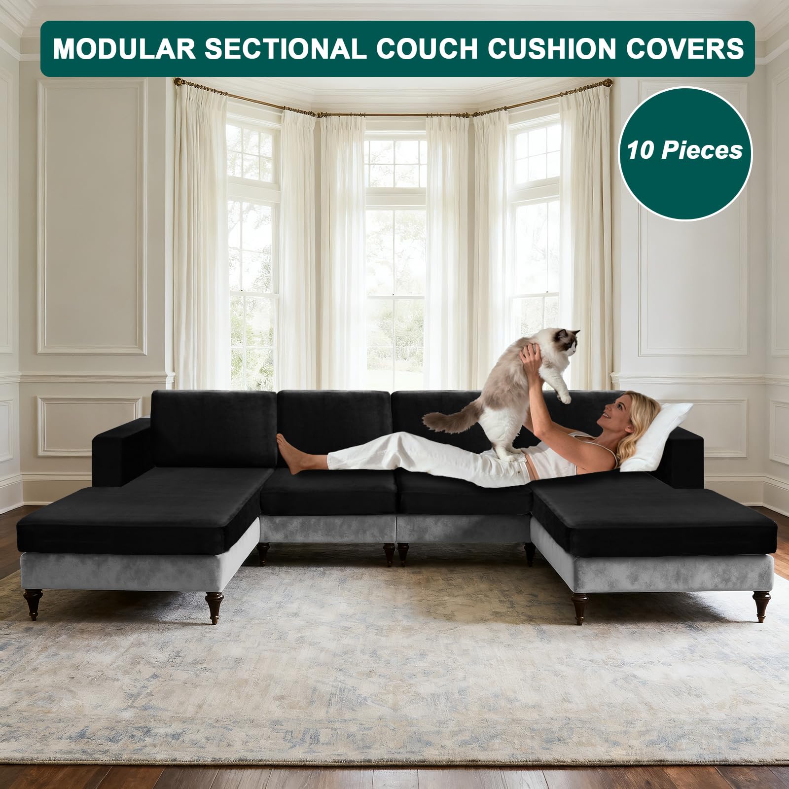 Condition photo showing As Is for 10 pieces sofa cushion covers for u-shaped modular sectional couch with 4 seat+4 back+2 arms, stretc