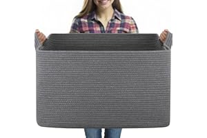 OIASKET Extra Large Blanket Basket, Woven Storage Basket for Living Room, Nursery Blanket Storage, Rectangle Storage Basket for Toys, Towels, Dirty Clothes Basket, 23.6" x 16.5" x 13.8" (Grey)