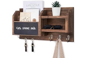 Lwenki Mail and Key Holder – Wall Mount Key Hanger with Shelf and 7 Metal Hooks – Decorative Natural Paulownia Wood Entryway 