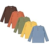 Cudlie 5-Pack Boys' Henley Long Sleeve Shirts – Soft Cotton Blend Toddler Tops, Everyday Basics, Size 12M - 4T