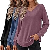 Riyiper 3 Pack Women's Long Sleeve Sweatshirts, Cotton V Neck Tops Loose Fit Curved Hem Tunic Tops Basic Casual Fall Shirts
