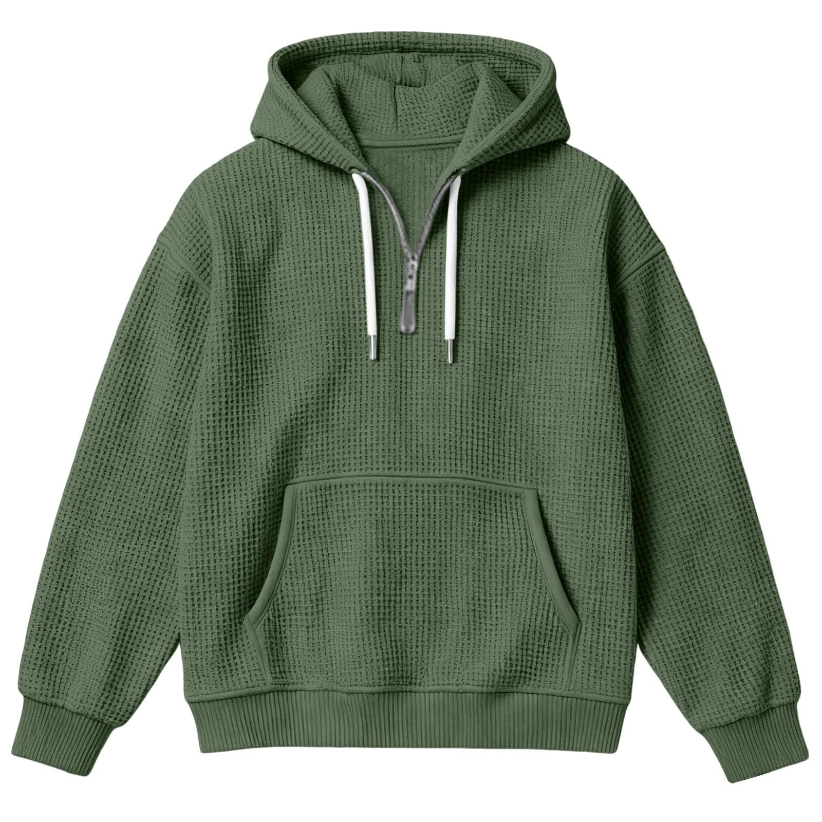 Sweatjacke Herren,Kapuzenpullover Herren mit Waffelmuster Lässig Lockere Hoodies Taschen Einfarbig Bequem Pullover Alltag Freizeit Sport Kapuzen Sweatshirt Teenager Streetwear Armeegrün XS 4