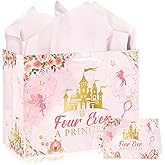 EoBeCy Four Ever a Princess 4th Birthday Gift Bag with Handles, Tissue Paper and Greeting Card, Pink Gold Floral Castle Wrapping Paper for 4 Years Old Girl Birthday Party Decorations Supplies