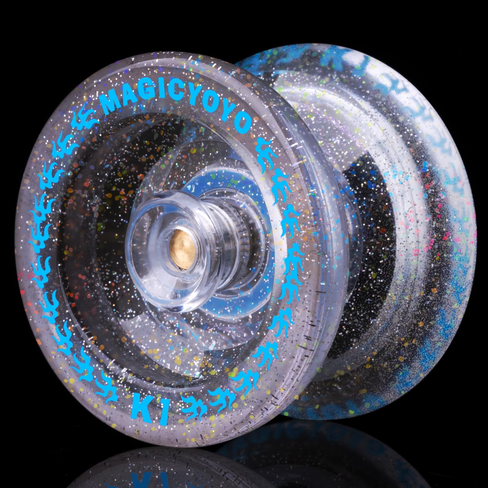 MAGICYOYO Tug Return Responsive Yoyo K1 , Hubstacks Yo-yo for Kids Beginners Dual Purpose YoYo with Unresponsive Bearing, Storage Bag + 12 Strings +Yo-Yo Glove +2 Yo yo Hubstacks (Glitter Clear)