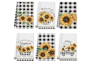 Redbaker 6 Pcs Sunflower Kitchen Towels Summer Buffalo Plaid Dishtowels for Kitchen Ultra Absorbent Black and White Hand Wash