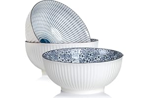 QINLANG 60 oz Large Soup Bowl, Pho Bowls, Japanese Ramen Bowls Set of 3, 8 in Blue and White Porcelain Big Bowls for Eating -
