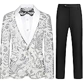 Lamgool Boys Tuxedo Suit Slim Fit Formal Set 2 Pieces with Floral Jacquard Sequin Blazer Black Pants for Kids Prom Wedding