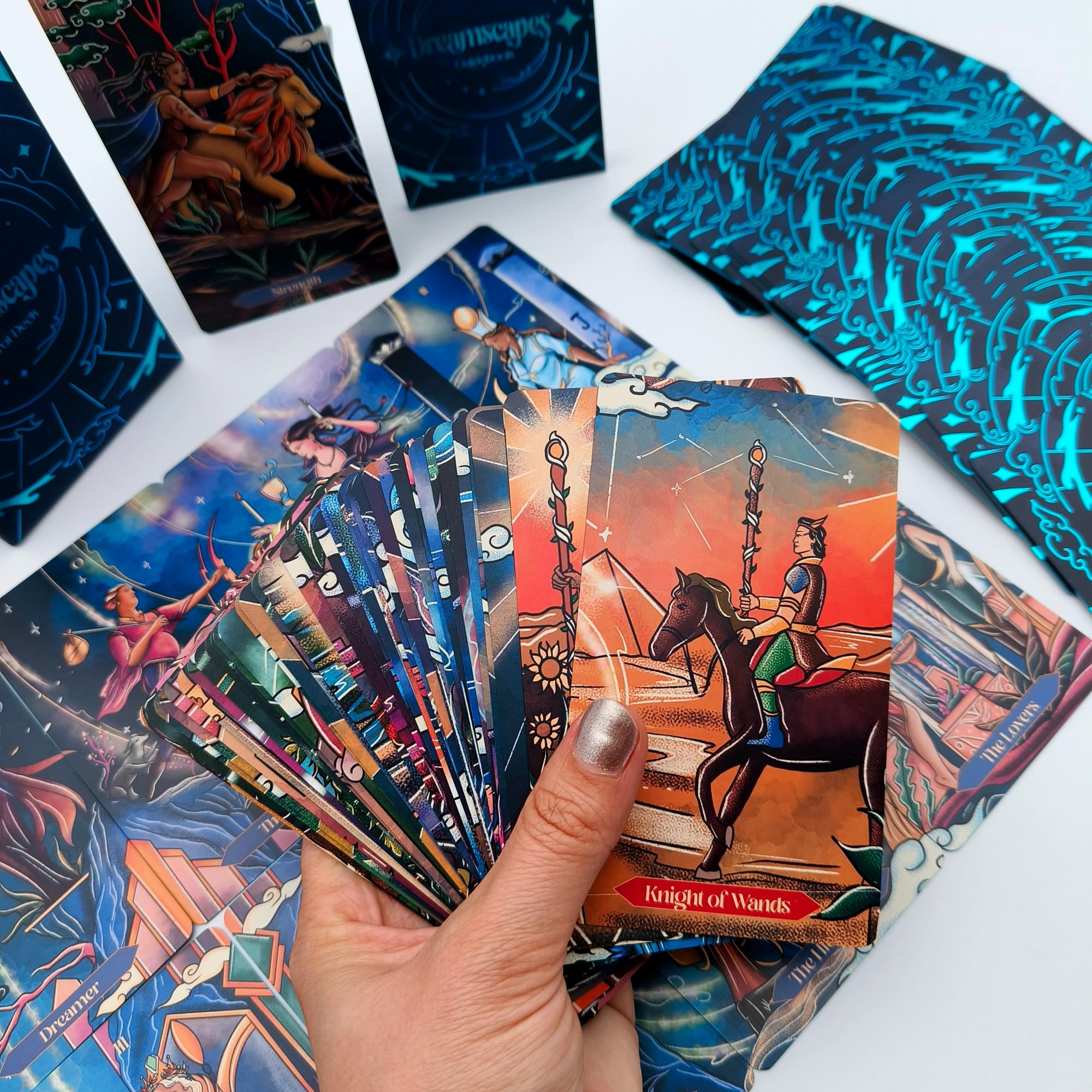 Dreamscapes Tarot Cards Deck Set, Unique Art Work with Guide Book for Beginners - A Minimalist Blue Foil Tarot Deck, Major and Minor Arcana Full Tarot Deck with 78 Cards