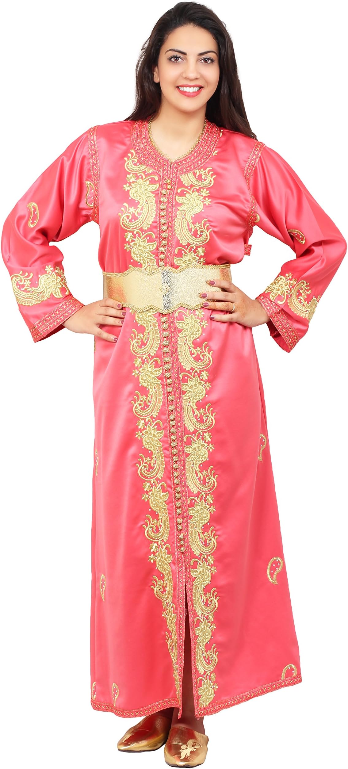 Moroccan Caftan Women Handmade Embroidery SMALL to LARGE Complimentary Belt Coral