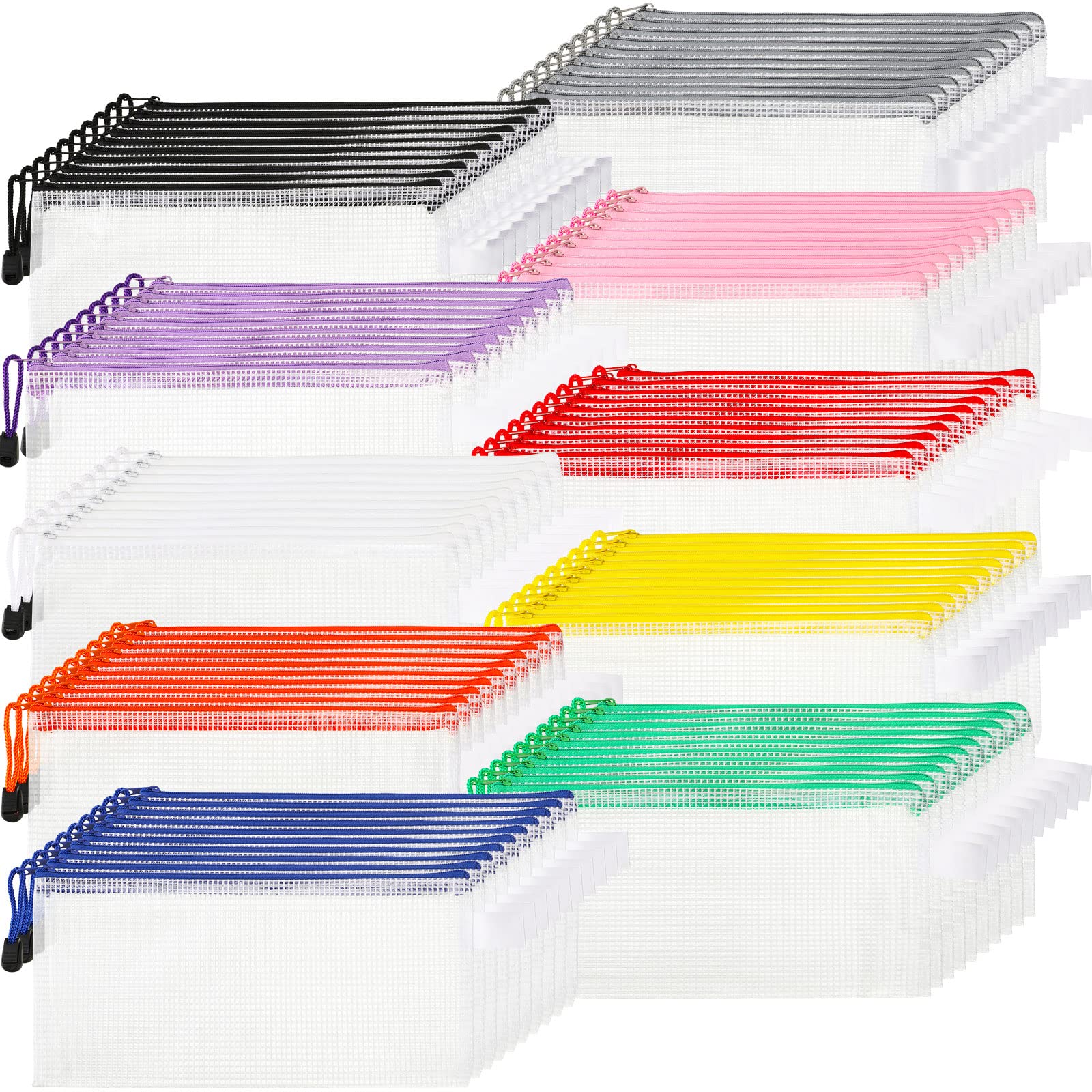 Photo 1 of  Pack Mesh Zipper Pouch Pencil Pouches Bulk Clear File Bag Waterproof Document Pouch Multipurpose for Office Travel Puzzles Games Organizing (White Pouch Multicolor Zipper, A6/9.45x4.53in)
