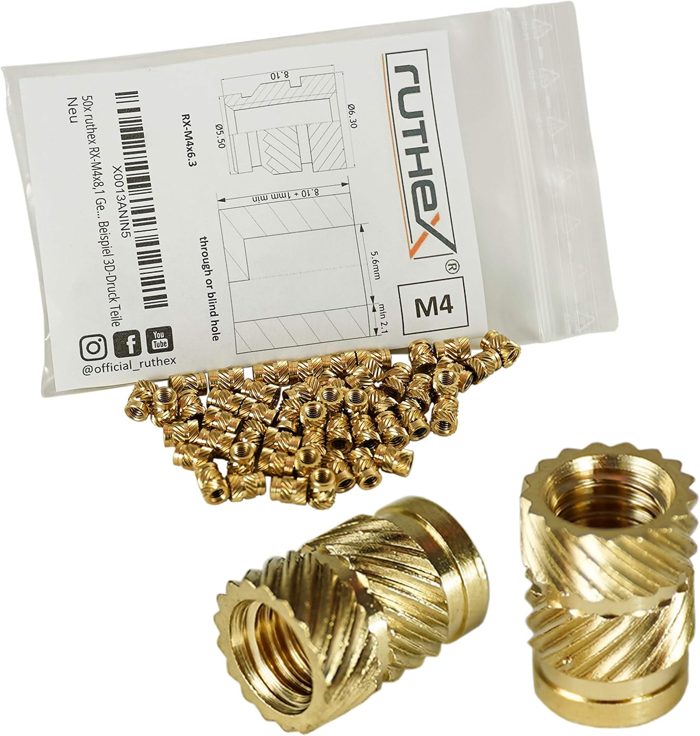 ruthex® threaded insert M4 (50 pieces) RXM4x8,1 Brass threaded
