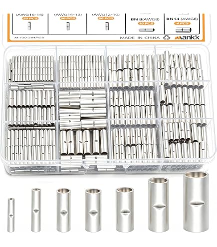 Haisstronica Non-Insulated Butt Connectors Kit – 220-Piece, Pure Copper AWG24-8 Wire Crimp Connectors With Wire Barrier For Balanced Compression
