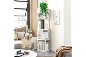 oneinmil 360° Rotating Bookshelf, Small Corner Bookcase with Small Footprint, 4 Tier Standing Bookcase for Kids&Adults, Wood Bookshelf Designed for Living Room, White