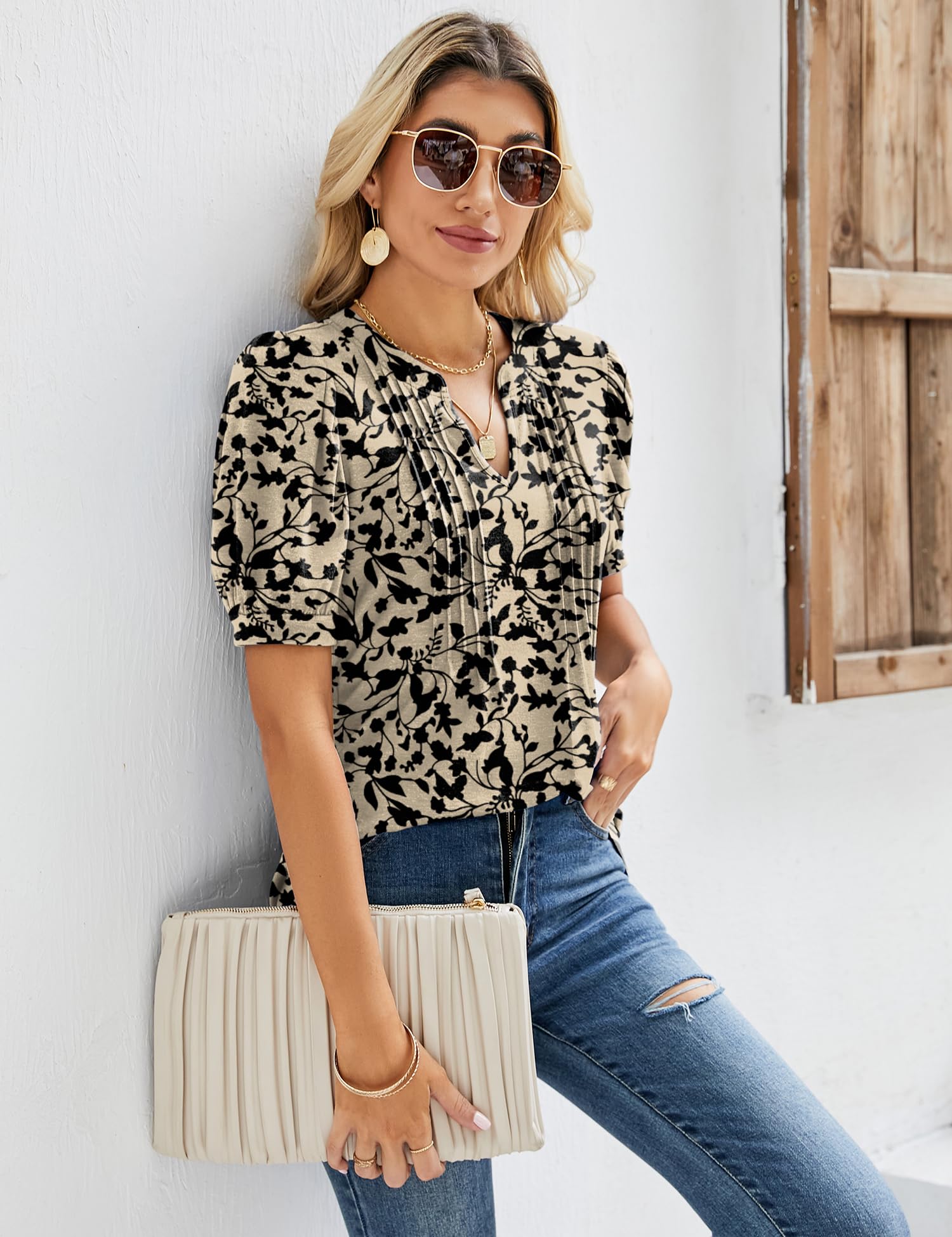 EFFAN Womens Tunic Tops Short Sleeve Summer T Shirts Ladies Blouses Floral Printed Fashion Top Floral_Apricot M (UK 12-14)