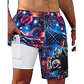 Gleeease 9inch Mens Swim Trunks: 2 in 1 with Compression Liner Stretch Quick Dry Drawstring National Flag Pockets Beach Pool