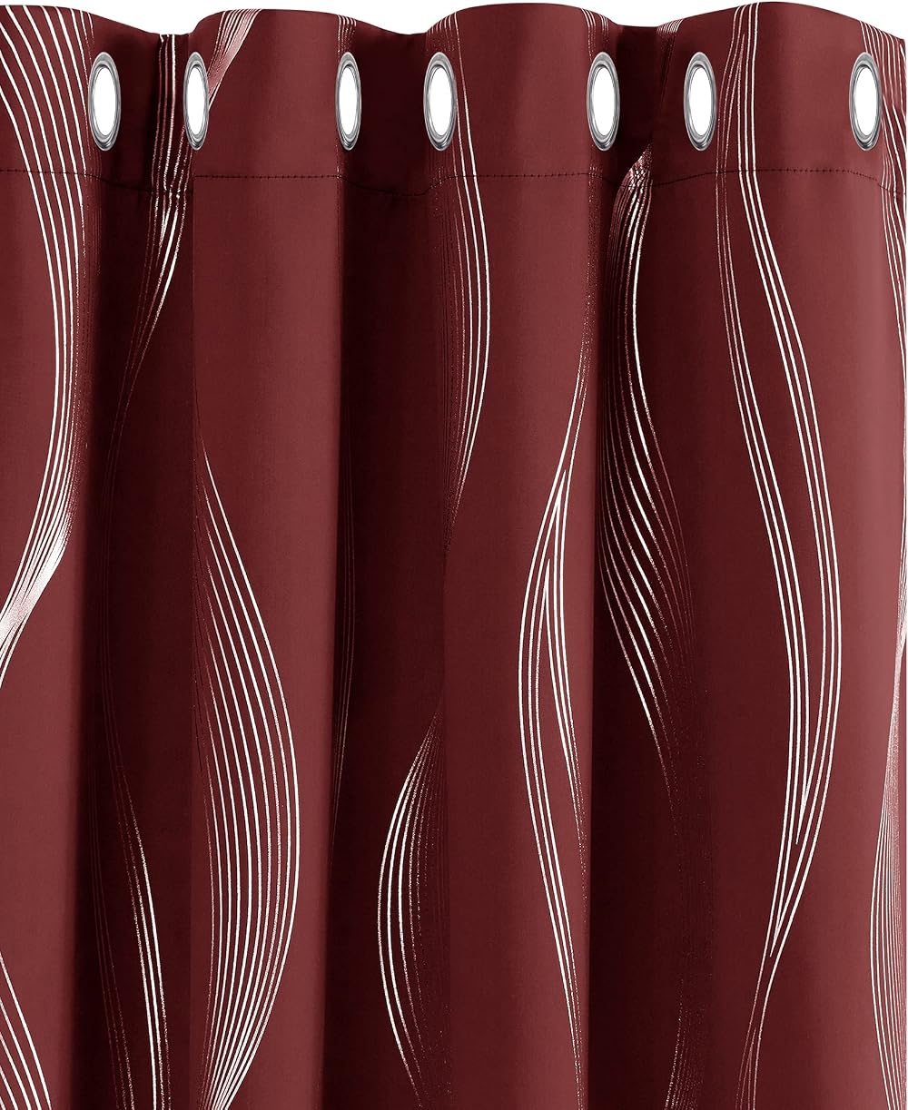 Deconovo Christmas Curtains Silver Wave Foil Blackout 2 Panels 52x63 Red