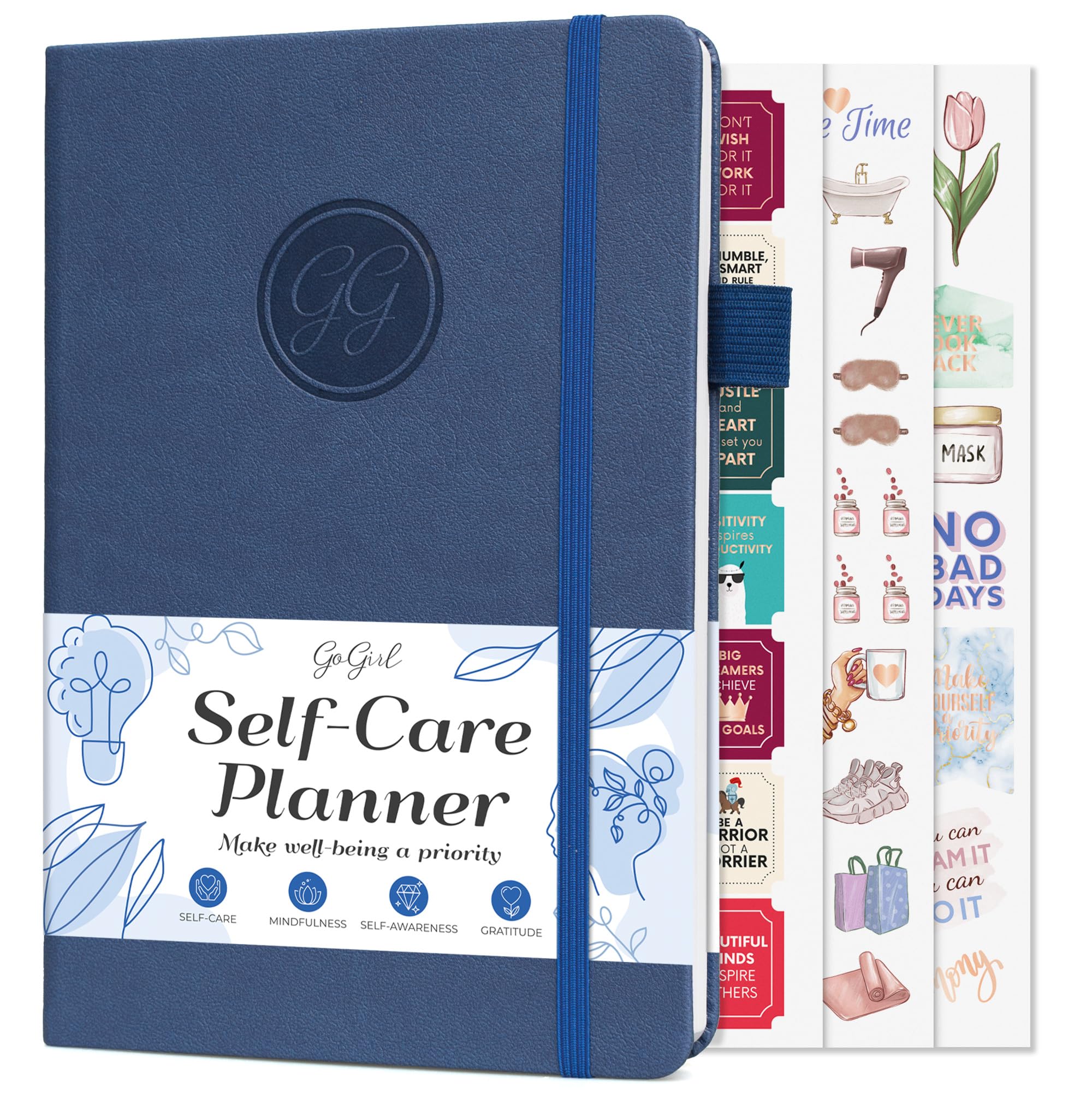 GoGirl Self-care Journal – Daily Mental Health Notebook with Mood & Wellness Trackers – Personal Development, Meditation & Reflection Journal for Women – Hardcover, Lasts 3 Months (Indigo Blue)