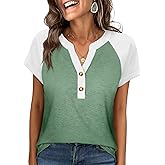 ANRABESS Womens Tops Short Sleeve Henley Shirts Summer V Neck Color Block Tunic T Shirts Casual Blouses Work Trendy Clothes