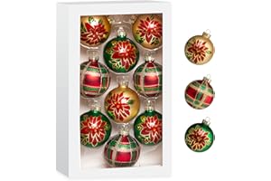Amooca Christmas Colorful Glass Balls Decoration Festival Party Home Decors Holiday Xmas Tree Hanging Ornaments Set 9pc 2.65in Red Gold Green Floral