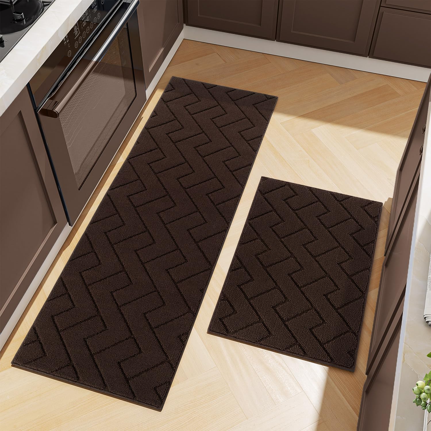 hicorfe Kitchen Rugs and Mats Sets,2 Pieces Super Absorbent Polypropylene Non-Slip Rug,Soft Comfort Floor Mat,Washable for Kitchen,Hallway,Office,Sink,Laundry(24" x 35"+24" x 71",Coffee) Image