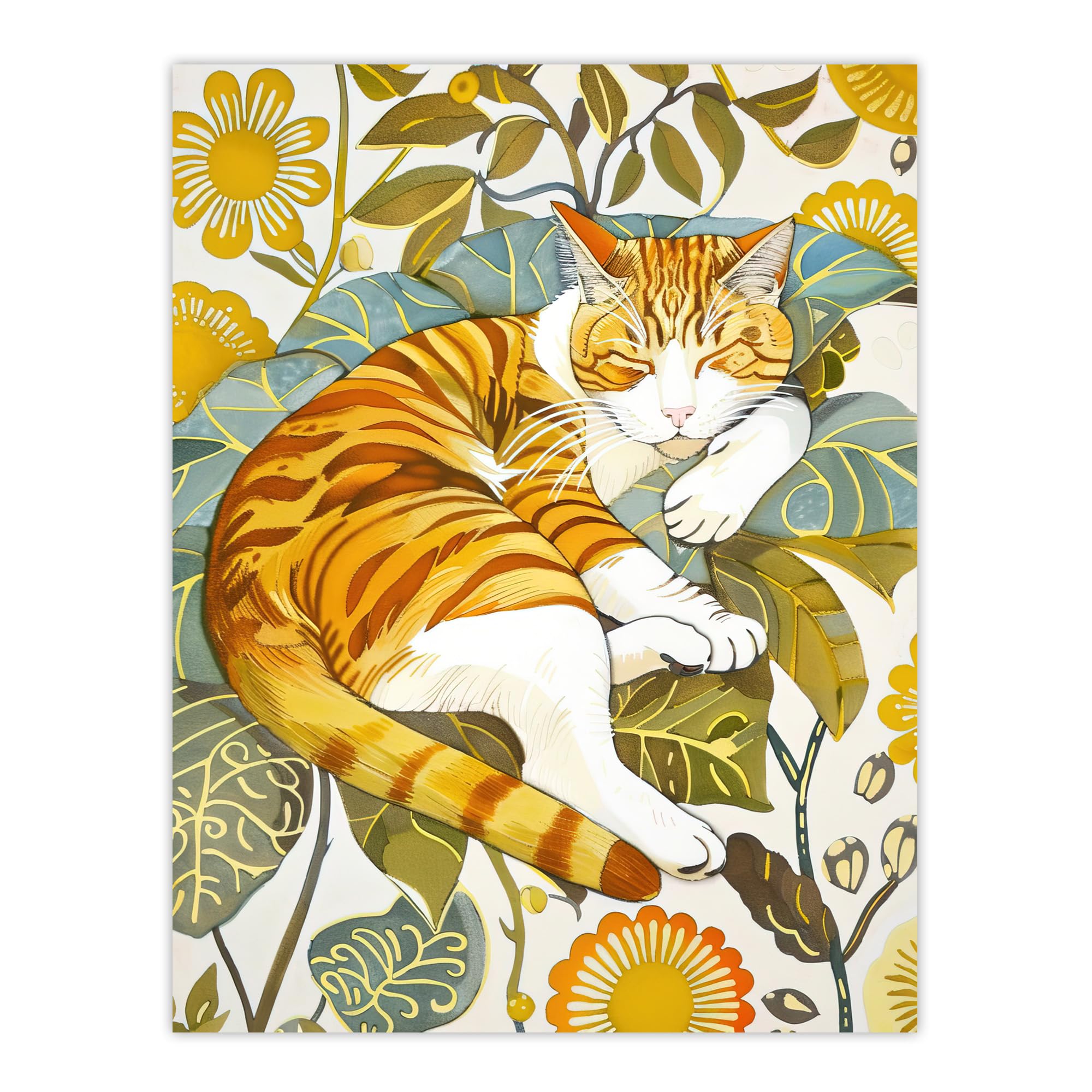 Artery8 Sleeping Orange Tabby Cat Lover Bright Floral Living Room Extra Large XL Wall Art Poster Print