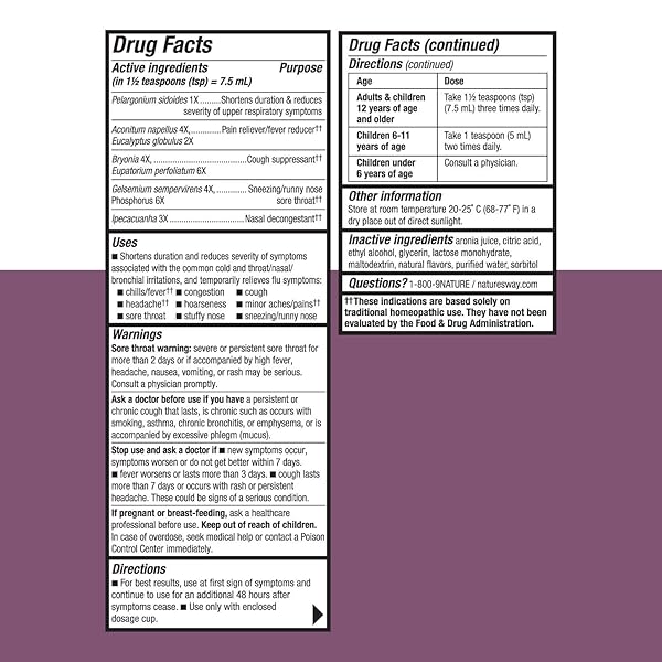 NATURE’S WAY UMCKA COLD AND FLU RELIEF SYRUP, FEVER*, SORE THROAT, COUGH, CONGESTION, BODY ACHES*, HOMEOPATHIC, PHENYLEPHRINE FREE, 0.05% ALCOHOL, BERRY FLAVORED, 4 FL OZ (PACKAGING MAY VARY)