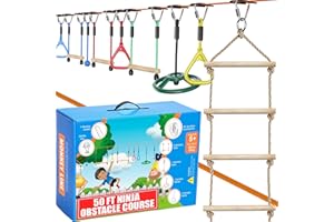 HYPONIX SPORTING Ninja Warrior Obstacle Course for Kids, 2 x 50 ft Slackline Kit, Holds Up to 880 Lbs, 9 Durable Obstacles, Weatherproof Design, Easy Setup on Trees or Posts, Outdoor Ninja Course for Backyard