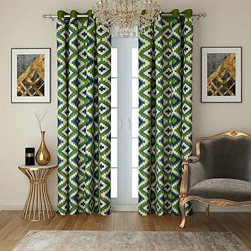 Buy Swayam Green Colour Geometrical Lining Printed Eyelet Curtain