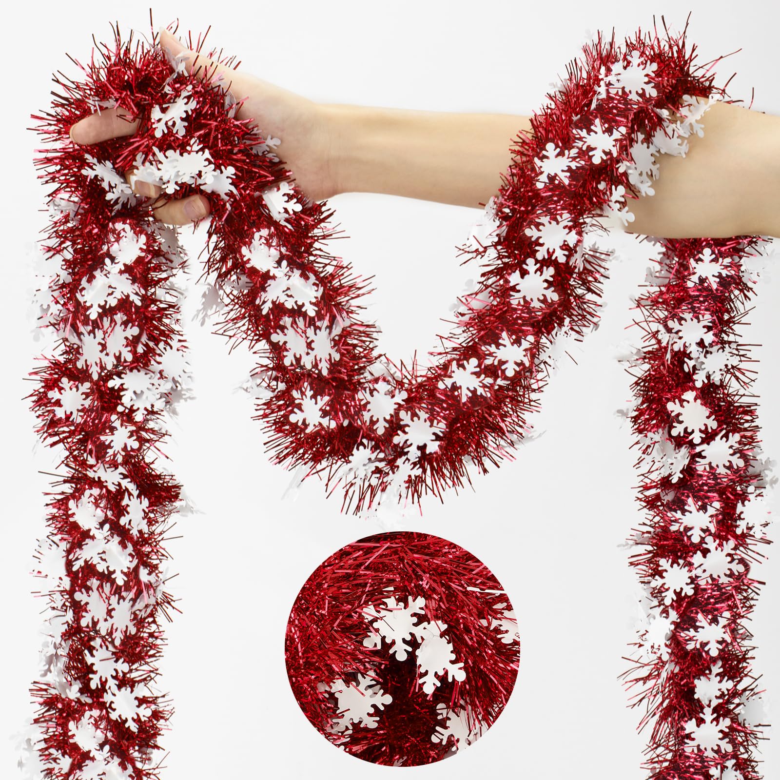 KINGLAKE Red Christmas Tinsel Garland, 10M x 9CM Thick Metallic Tinsel for Christmas Tree Decorations, Party, Home