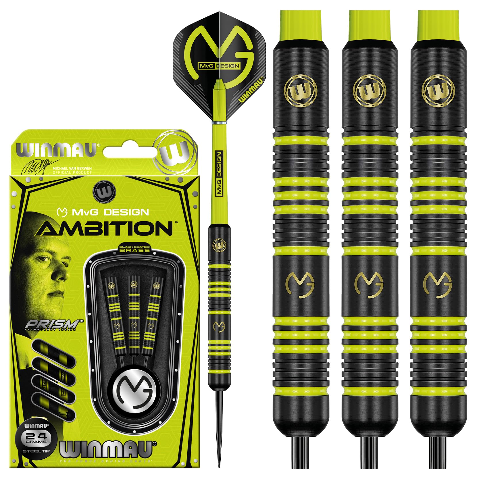 WINMAU Darts - Michael van Gerwen | MvG Ambition Brass 22g Dart Set | Professional Darts Set with Flights and Shafts (stems)
