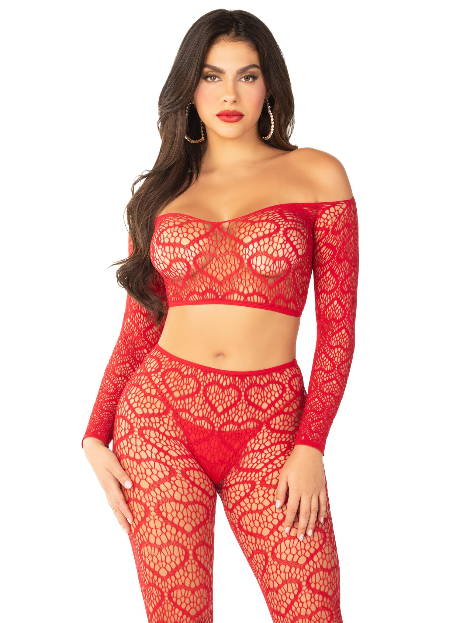 Photo 1 of *SMALL* Leg Avenue womens Heart Net Off the Shoulder Crop Top and Footless Tights Red One Size