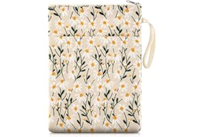 Yeyeplum 12''x9'' Daisy Embroidered Book Sleeve with Cotton Lining with Handle and Zipper Book Protector for Paperback and Hardcover, Christmas Ideal Gift Book Sleeve Pouch for Book Lovers(White)