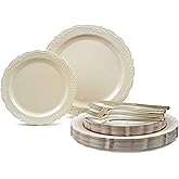 OCCASIONS 150PCS Ivory Plastic Plates with Gold Silverware for 25 Guests - Elegant Vintage Wedding Disposable, 25 Dinner (10") + 25 Dessert (7.5"), 50 Forks 25 Spoons 25 Knives (Verona Plain Ivory)