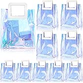 CHENGU 10 Pcs Holographic Gift Bags Iridescent Tote Bag 11x10x6 Inch Large Reusable Clear Birthday Handbag Handle PVC Wrap Shopping Bag Summer Waterproof Transparent Gift for Women Wedding Party