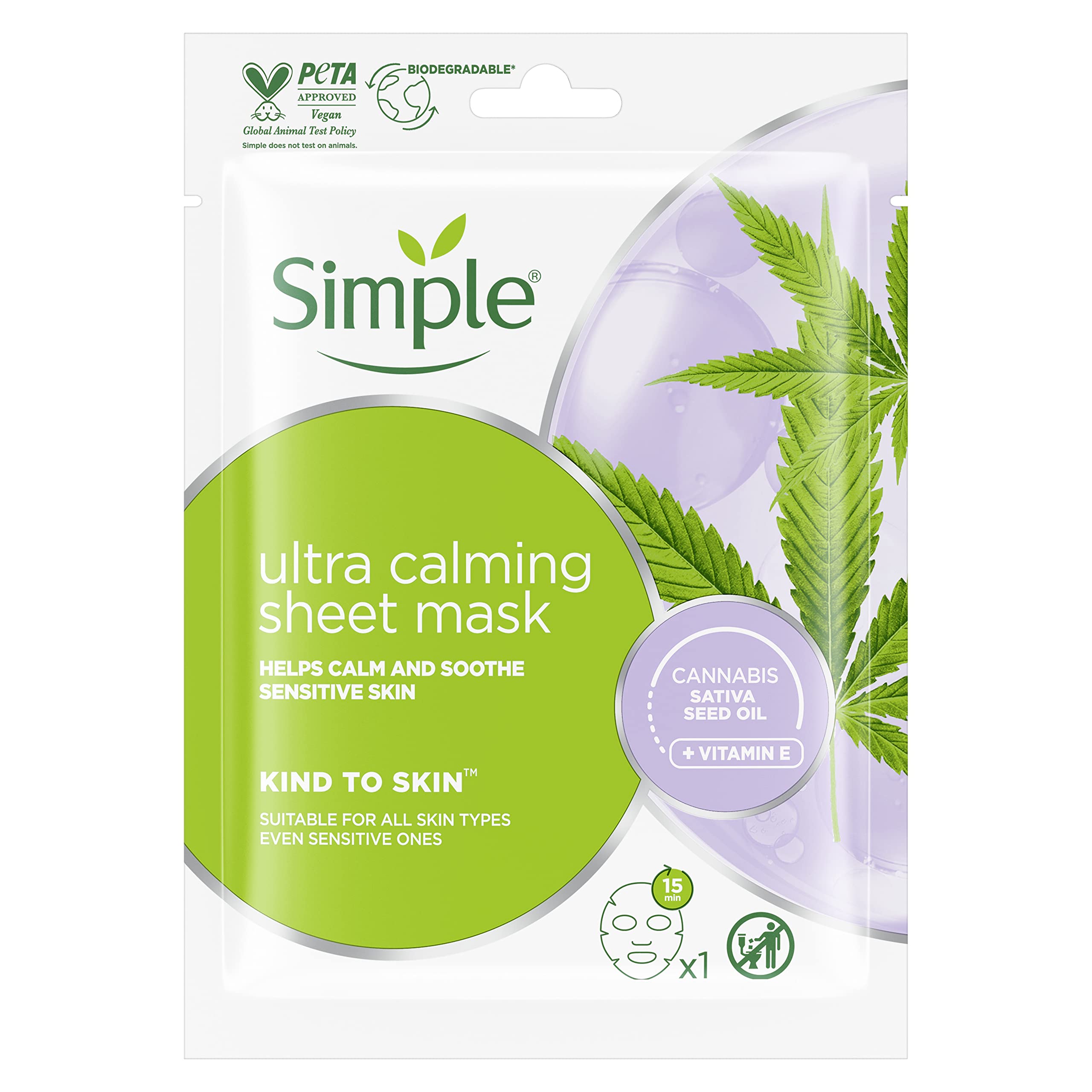 Simple Kind To Skin Ultra Calming Cruelty-Free And Vegan Biodegradable Sheet Mask For Stressed And Sensitive Skin 1 Pc