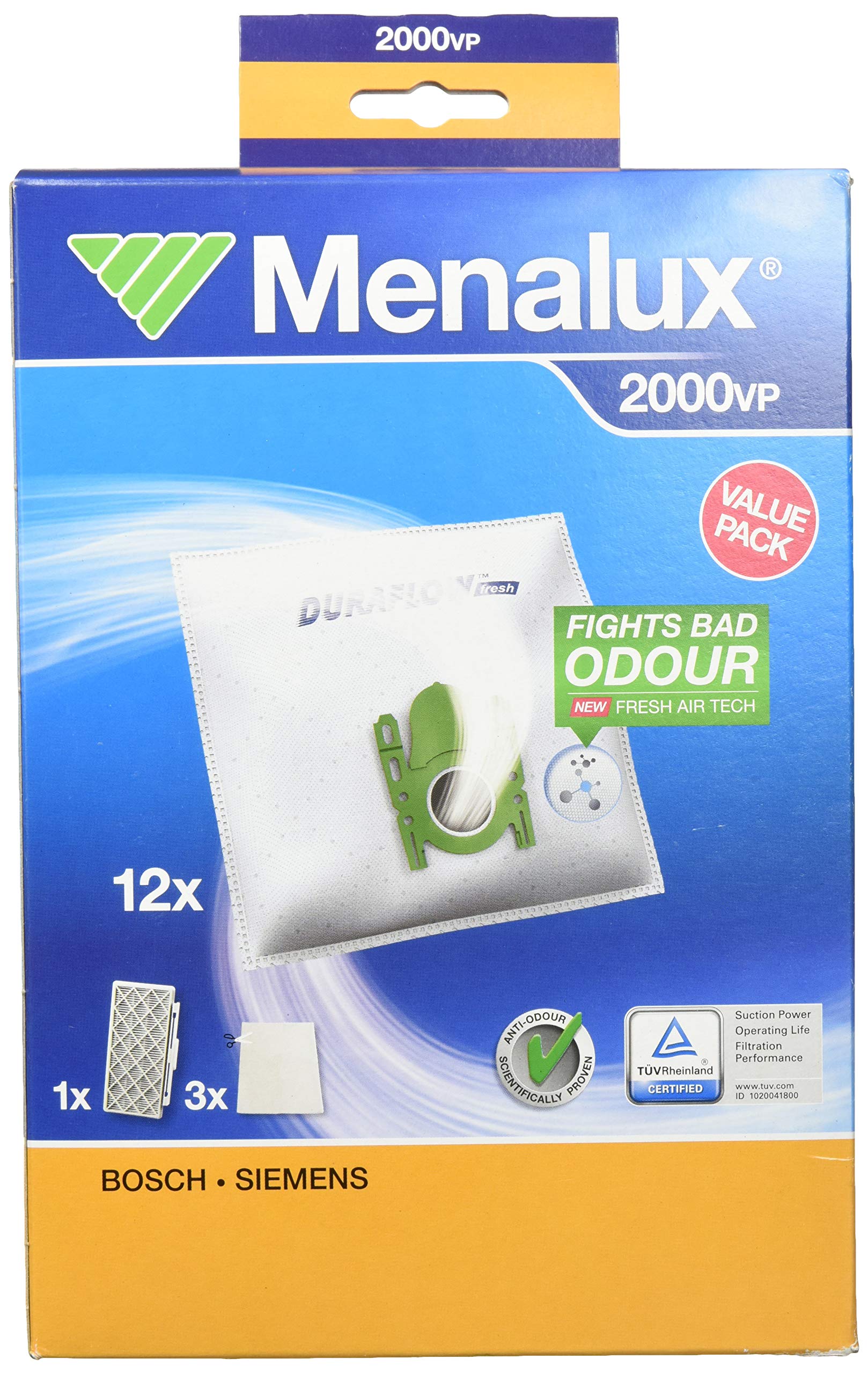 Original Branded Menalux 2000VP Value Pack for Bosch Siemens BSGL5 / VSZ6 12 x Vacuum Cleaner Bags, 1 x Hygiene Filter 12, 3 x Micro