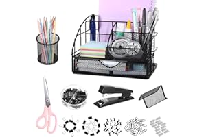 AOFUXTI Desktop Office Supplies, Desk Organizers and Accessories, Includes Stapler, Pen Holder, 72 Clip Set, Scissors, Phone Holder, Best Gifts for Women, Black