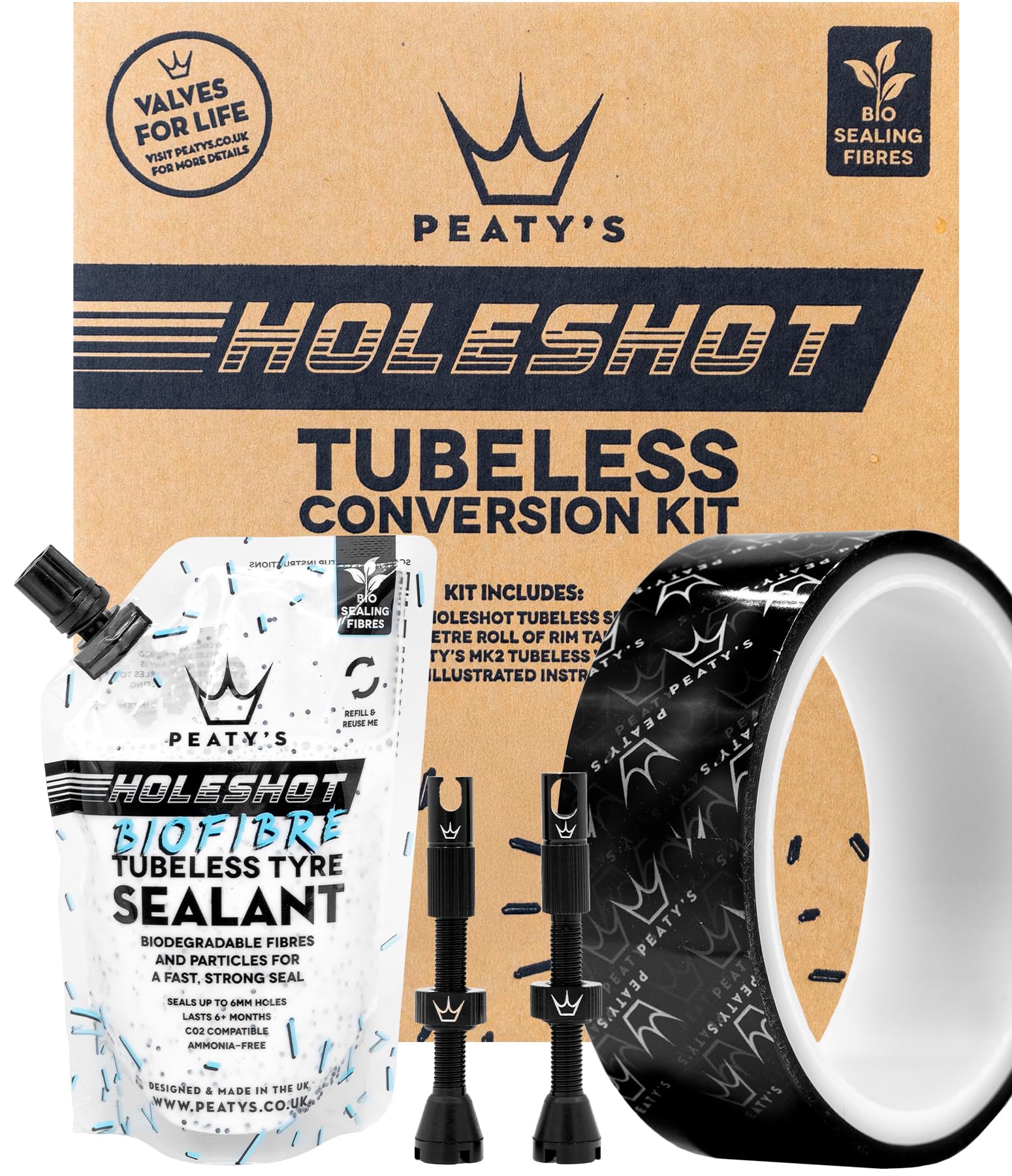 Peaty's Tubeless Wheel Conversion Kit - Enduro & DH - 30mm Tape / 42mm Valves / 2x 120ml Holeshot Biofibre Sealant Pouch, Black, 30mm Enduro & DH