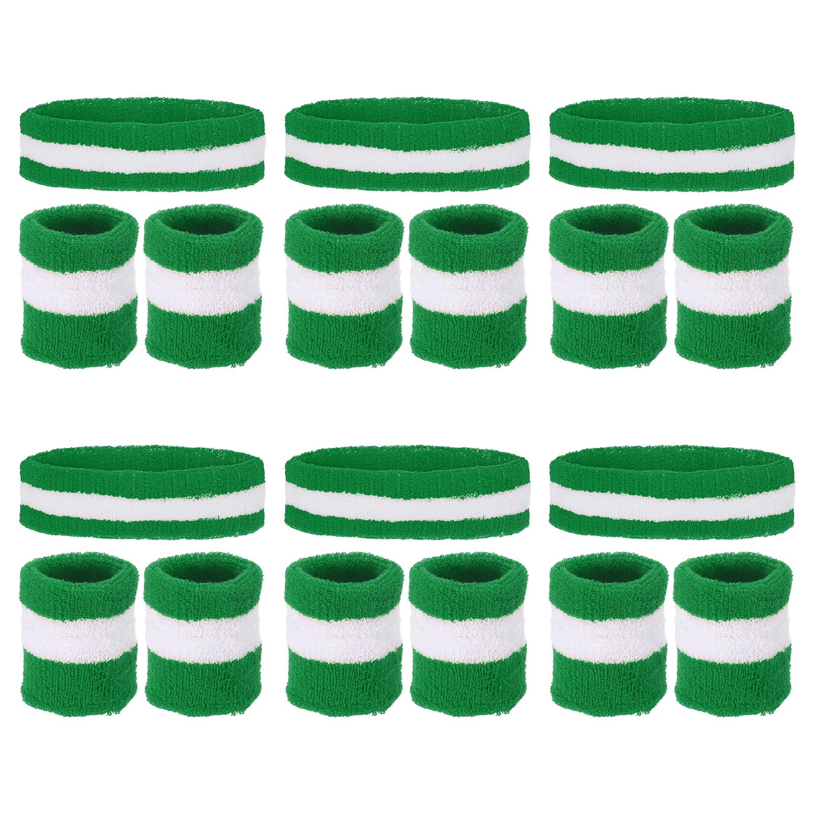 PATIKIL Sweatbands Headband Wristband, 6 Set/18Pcs Sweatband Terry Cloth for Sports Basketball Tennis Athletic Gym Working Out, Green, White
