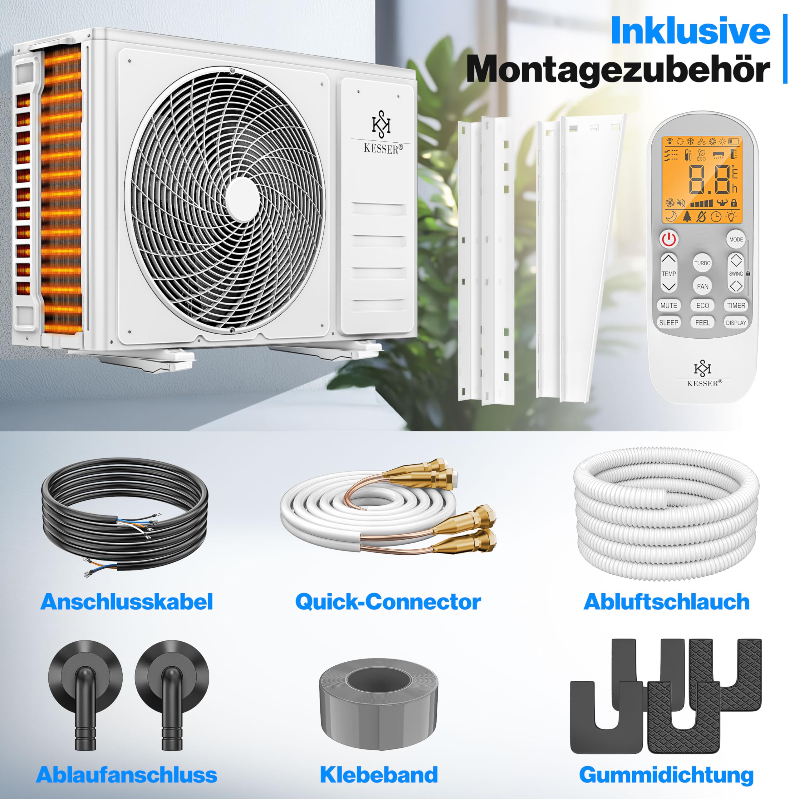 KESSER® Split Klimaanlage Set Quick Connect 9000 BTU 2,6 kW – WiFi & App Klimagerät mit Heizfunktion & Kühlmodus Wandklimaanlage, mit Kupferleitung Kältemittel R32 Inkl. Montagematerial 5