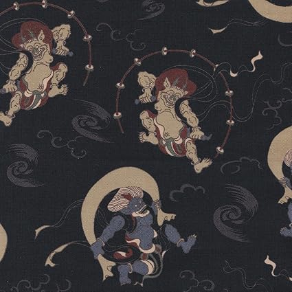 Amazon 定番 和柄 和調プリント 風神雷神 4色あります 1m単位で切り売りいたします 黒色 布 生地 通販