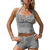 Finesatile Women's Striped Knit Tankini Set, Sexy Halter Crop Top with Boy Shorts 2 Piece Swimsuit Crochet Beachwear