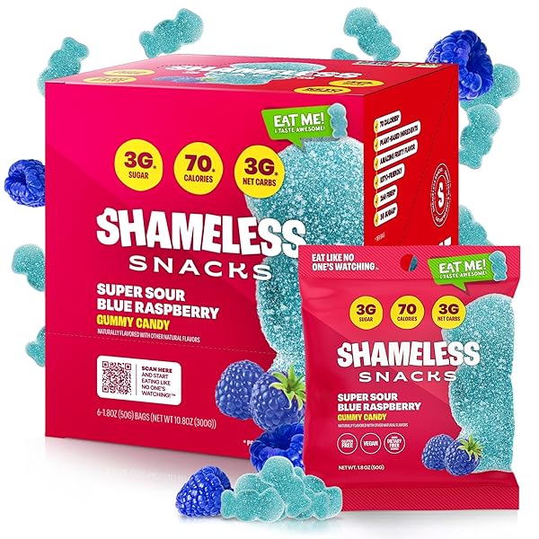 SHAMELESS SNACKS – HEALTHY LOW CALORIE SNACKS, LOW CARB KETO GUMMIES (GLUTEN FREE CANDY) – 6 PACK SOUR BLUE RASPBERRY