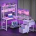 DOMICON L Shaped Gaming Desk 94.5" Computer Desk with Pegboard & Shelves & Drawers, Gaming Desk with Power Outlet & LED Lights & Monitor Stand & Mobile CPU Stand, Corner Deck for Home Office White