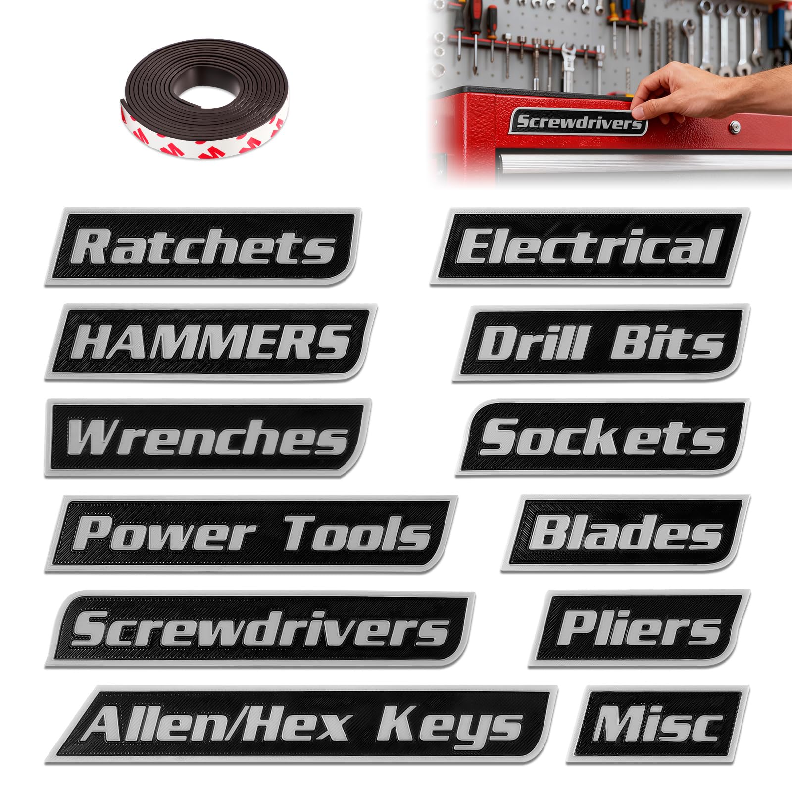 Photo 1 of 12 PCS of Magnetic Toolbox Labels, 3D-Printed Tool Box Labels, Reusable Tags for Steel Toolboxes, Carts, Drawers, and Cabinets (Black)