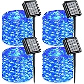 QITONG 4 Pack Solar Fairy Lights, Each 33ft 100 LED Blue Christmas String Light Outdoor Waterproof, 8 Modes Silver Wire Twinkle Mini Lights