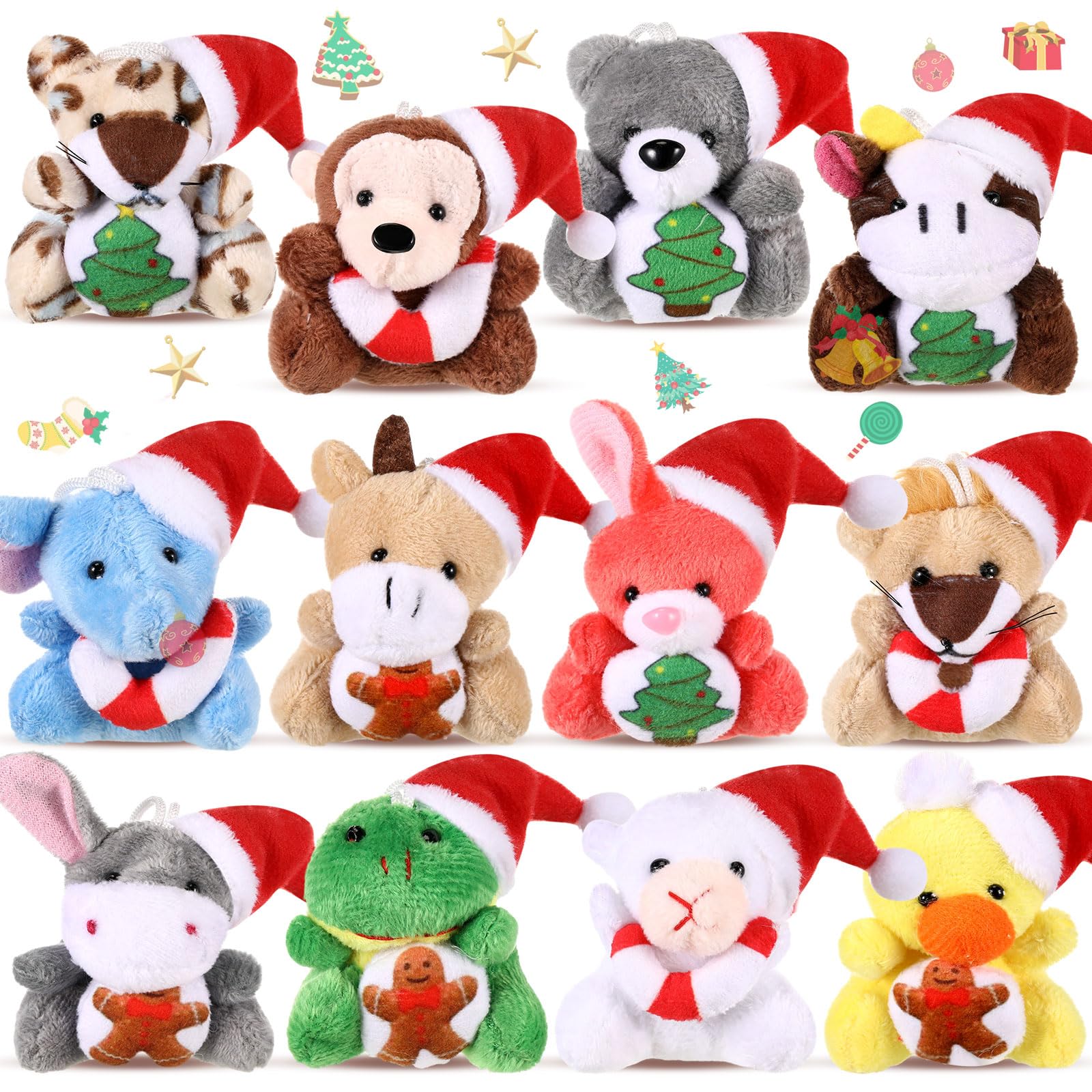 Photo 1 of Blueweenly 12 Pcs Mini Christmas Stuffed Animal Plush Toys Plush Keychain with Santa Hat Tiny Xmas Doll Ornaments Christmas Tree Decor for Party Favors Classroom Prize Stocking Fillers
